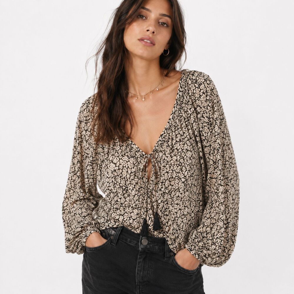 Free People Boho Floral Peasant Blouse Women Small Long Sleeve Cottagecore Top
